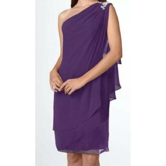 Sz 10P JS Boutique Purple Chiffon Sheath Dress Beaded - Picture 1 of 8